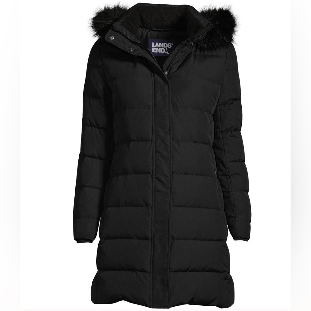 Lands’ End Women's 600 Down Winter Long Coat With Hood in Black - Picture 2 of 6